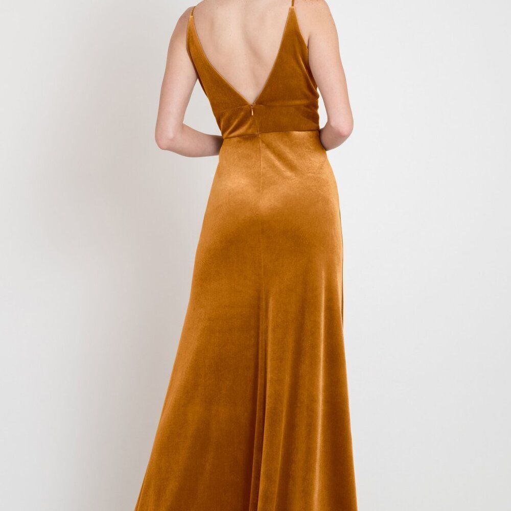 Jenny Yoo Stretch Velvet Deep-V Long Formal Bridesmaid Dress Marigold - Picture 2 of 3